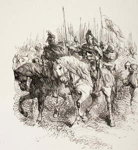 Armée médiévale en marche menée par des chevaliers à cheval, de 